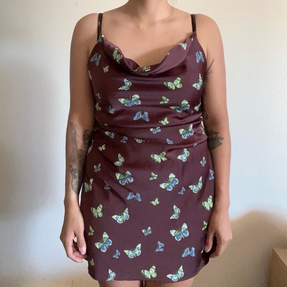 Urban Outfitters Brown Silk Slip Dress with Green Butterfly Pattern - Picture 2 of 4